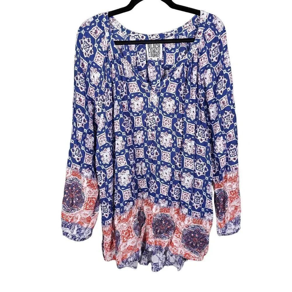 Beachlunchlounge Boho Orange and Blue on White Mosaic Tile Tunic. V-Neck, 3/4 Le